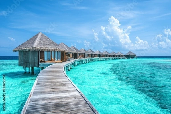 Obraz A luxury overwater vacation resort with a wooden walkway leading to thatched-roof huts on the turquoise ocean water, with a Maldives island background.