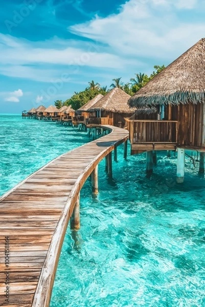 Obraz A luxury overwater vacation resort with a wooden walkway leading to thatched-roof huts on the turquoise ocean water, with a Maldives island background.