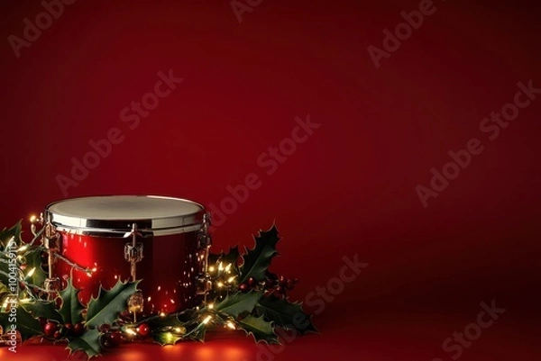 Fototapeta A red drum decorated with holly and fairy lights on a rich red background. Concept of Christmas celebration
