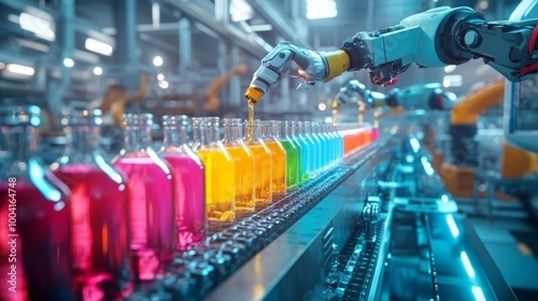 Fototapeta Robotic Arm Filling Bottles on a Conveyor Belt.
