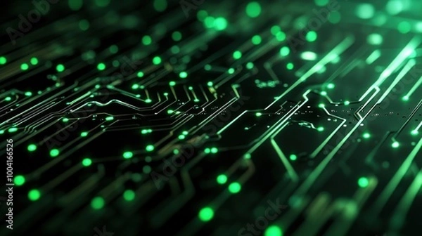 Obraz Abstract circuit board design with glowing green lights, representing technology and innovation.