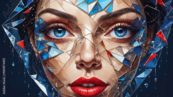 Fototapeta Abstract shattered glass face with vibrant colors in geometric patterns