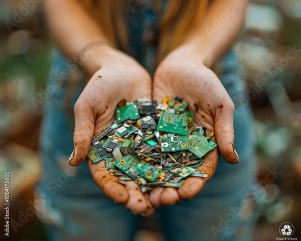 Fototapeta Hands holding electronic waste on blue background for recycling and sustainable planet theme