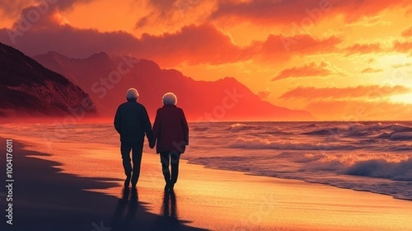 Fototapeta Elderly Couple Walking on Beach at Sunset