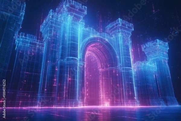 Obraz Futuristic castle design, glowing wireframe structure, intricate architectural details, imaginative and innovative concept, digital art exploration