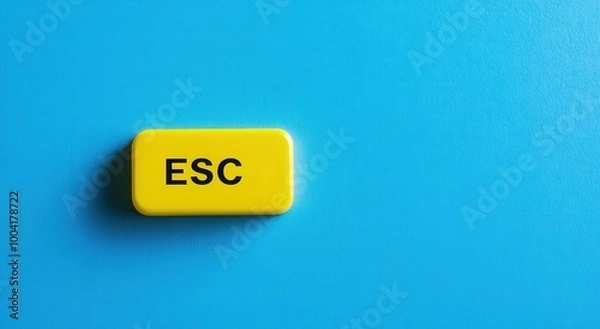 Fototapeta Bright yellow ESC key on vibrant blue background symbolizing escape, urgency, and digital concepts in minimalist style