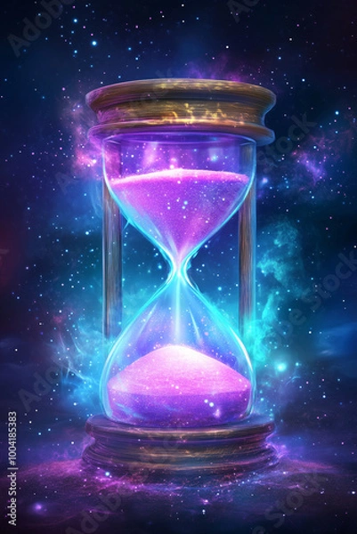 Fototapeta A glowing hourglass with vibrant purple sand floating in a surreal cosmic background, passage of time in space