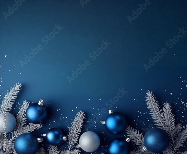 Fototapeta Christmas border composition with blue and silver ornaments and frosted fir branches on a classic blue background