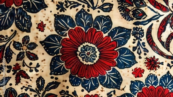 Obraz Traditional textile block print pattern like Ajrakh or Ikat, featuring abstract hand block prints, representing various cultural styles. -