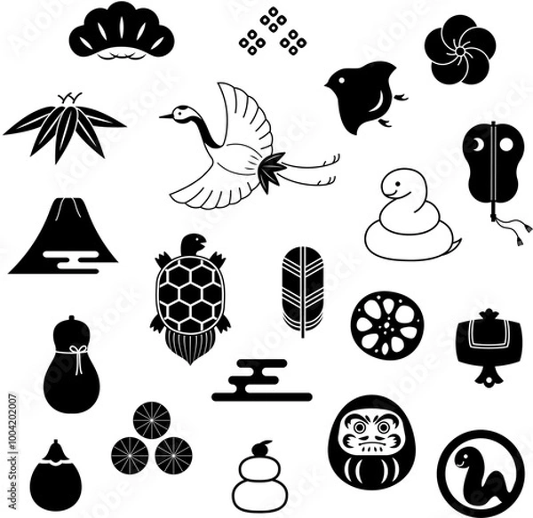 Obraz シンプルな縁起物のイラストセット　白黒