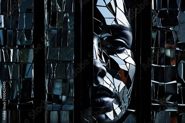 Fototapeta Abstract broken mirror fragments form a face outline, suggesting the release of the soul through shattered glass. The dark background contrasts the sharp edges, highlighting themes of identity.