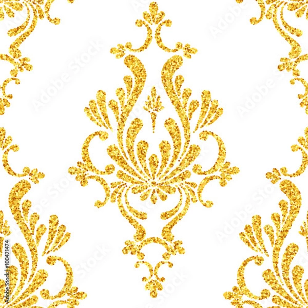 Fototapeta Vector gold glitter damask floral seamless pattern, golden sparkles on white background, vip design template