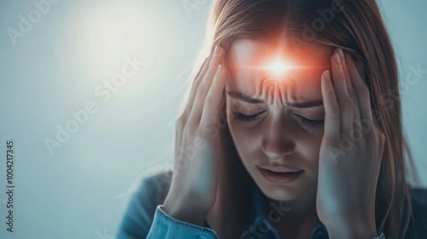 Fototapeta A young woman appears distressed, holding her head while experiencing a headache, illuminated by a soft light effect on her forehead.