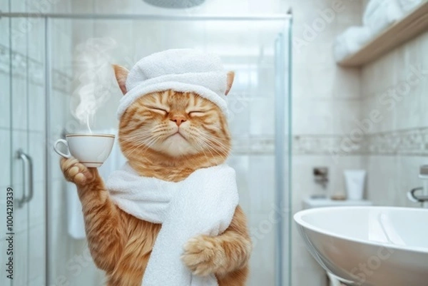 Fototapeta An adult red-haired cat is sitting with a white cup with a hot drink in his paw and a terry towel on his head against the background of a shower stall in the bathroom.
