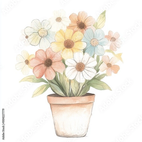 Fototapeta A watercolor illustration of a bouquet of colorful flowers in a clay pot.