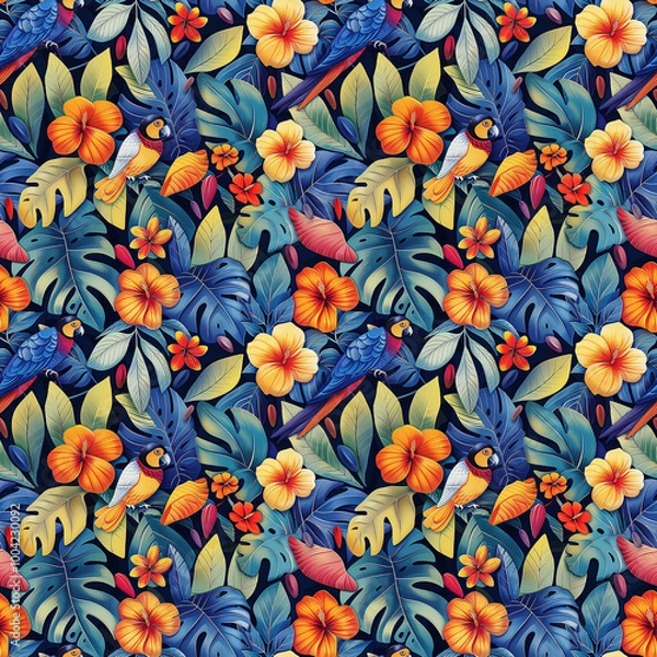 Fototapeta Colorful Pattern of Flowers and Birds on White Background