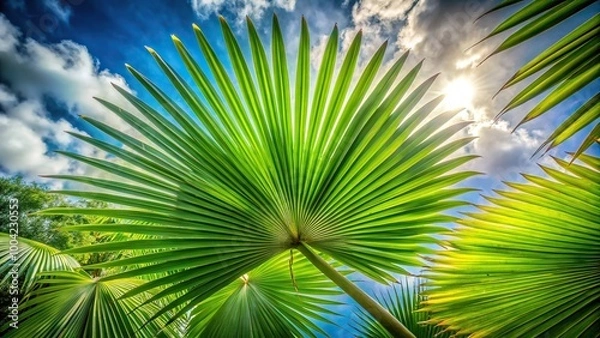 Fototapeta Palm leaf with natural light reflection in Tulum jungle