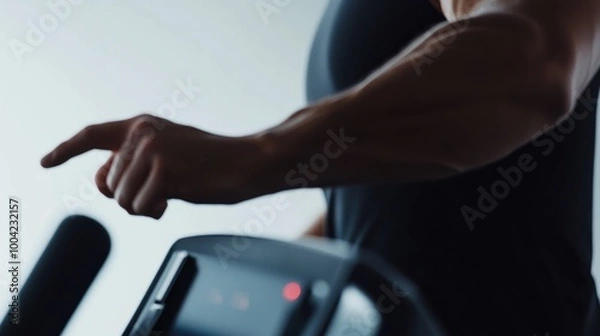 Fototapeta A close-up of a person's hand adjusting settings on a fitness machine.