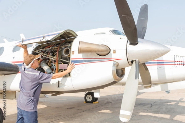 Fototapeta Aircraft engineer with  check several before flight