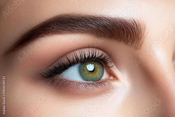 Fototapeta A close-up image showcasing the beautiful green eyes of a woman with natural makeup. Ideal for beauty, skincare, generative ai