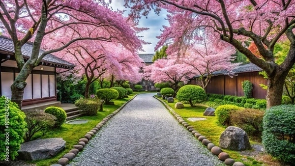 Fototapeta Panoramic Japanese style garden with cherry blossoms and serene atmosphere