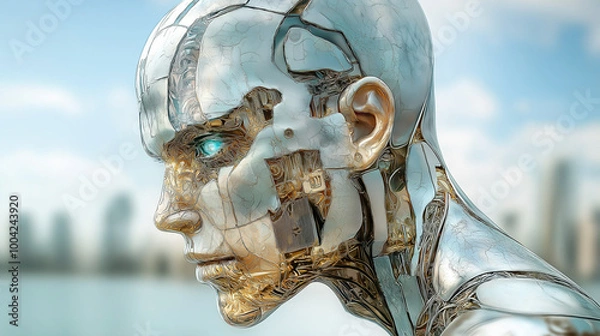 Fototapeta Futuristic robotic head showcasing a blend of metallic and human-like features with a glowing blue eye