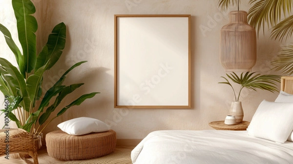 Fototapeta serene bedroom featuring blank frame on wall, surrounded by lush greenery and natural textures. calming atmosphere invites relaxation and creativity. 