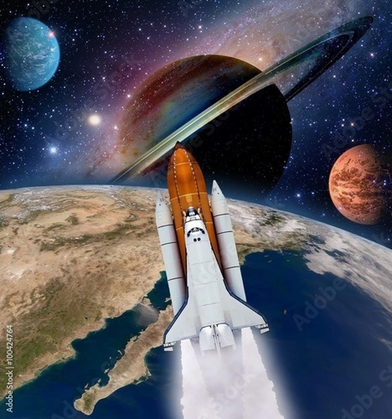 Fototapeta Shuttle rocket ship launch milky way galaxy saturn planet moon space. Elements of this image furnished by NASA.