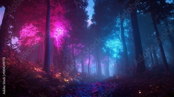 Fototapeta The forest is alive with glowing neon trees that illuminate the surroundings, casting colorful lights through the misty air as night falls