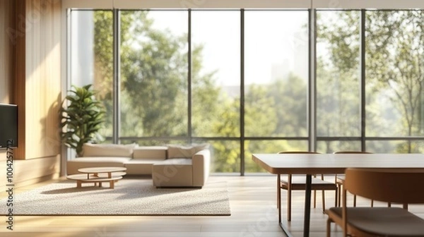 Fototapeta sleek modern living room with floor-to-ceiling windows, minimalist furniture, and warm wood accents, empty table in foreground with blurred stylish interior backdrop
