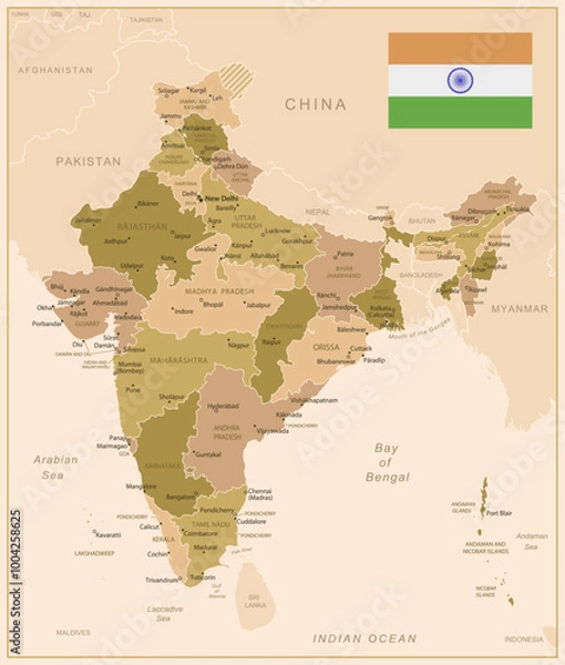 Obraz India - detailed map of the country in brown colors, divided into regions. Vector illustration