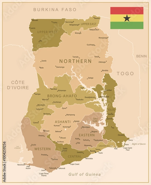 Obraz Ghana - detailed map of the country in brown colors, divided into regions. Vector illustration