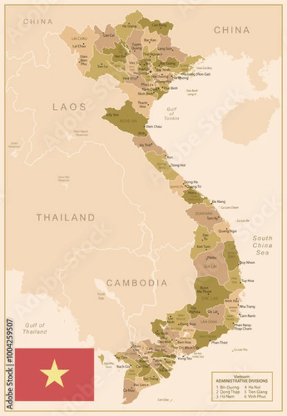Obraz Vietnam - detailed map of the country in brown colors, divided into regions. Vector illustration