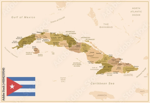Obraz Cuba - detailed map of the country in brown colors, divided into regions. Vector illustration