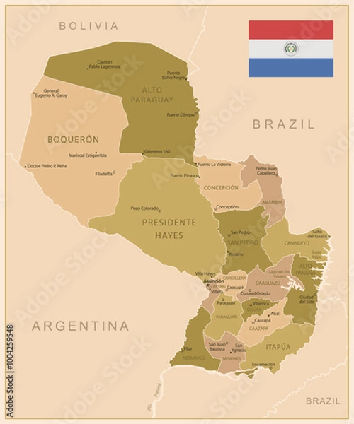 Obraz Paraguay - detailed map of the country in brown colors, divided into regions. Vector illustration