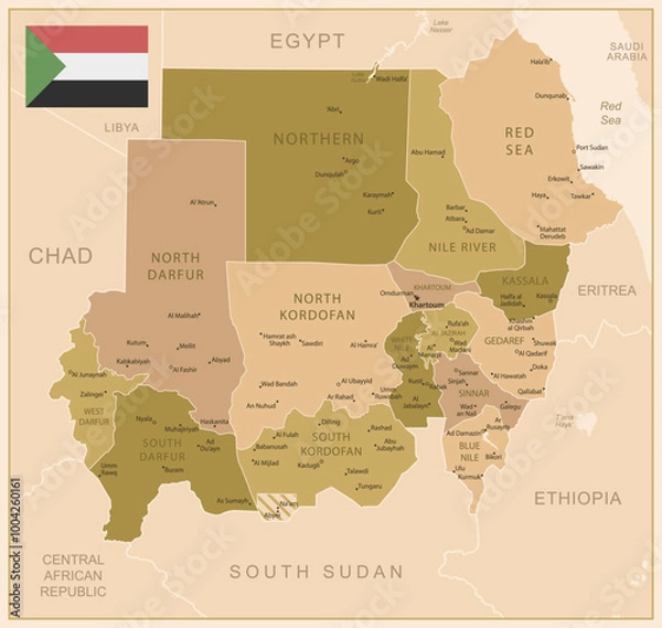 Obraz Sudan - detailed map of the country in brown colors, divided into regions. Vector illustration
