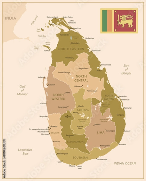 Obraz Sri Lanka - detailed map of the country in brown colors, divided into regions. Vector illustration
