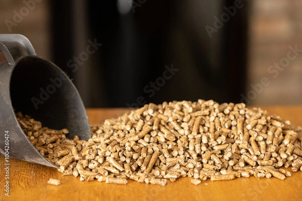 Obraz Heating pellets on a wooden table