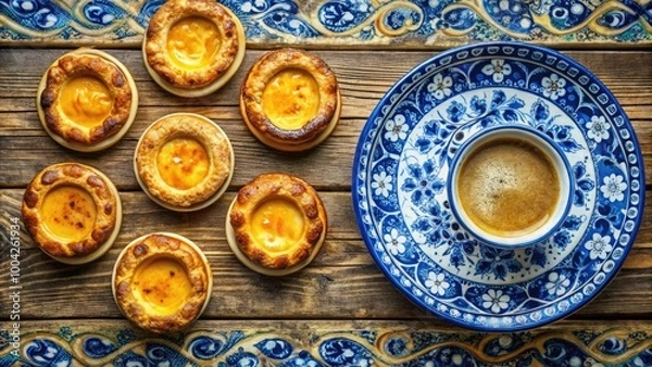 Fototapeta Custard Pies and Coffee in Rustic Setting with Ornate Plate and Blue White Patterns from Lisbon