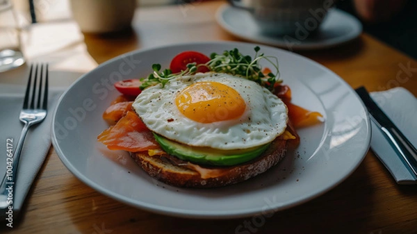 Fototapeta A delicious breakfast featuring sunny side up egg on toast with fresh vegetables