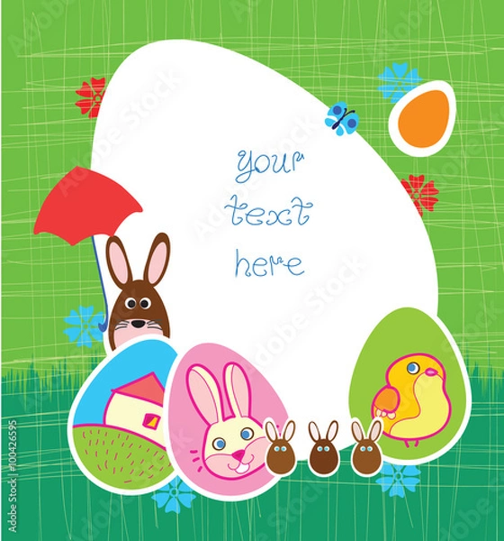 Fototapeta Easter greeting card - cute easter frame with chocolate rabbit with umbrella and painted on eggs farm house and chick on green vintage scratched background. Green lawn with red and blue flowers.