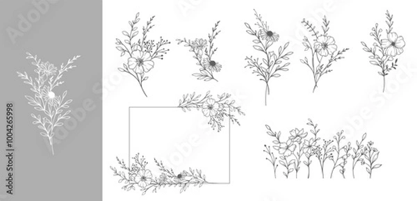 Fototapeta Botanical Background with trendy minimalist wildflowers and greenery. Floral Line Art. Hand drawn line art leaves, branches and flowers. Luxury Line Floral Art.  trendy minimalist card, save the date