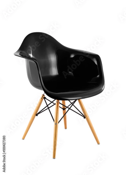 Obraz Black Shiny Plastic Chair with Wooden Legs on White Background, Three Quarter View