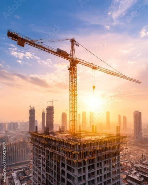 Fototapeta Aerial View of Construction Site with Cranes and Buildings Under Development in Urban Environment