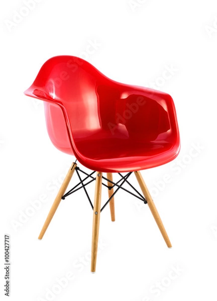 Obraz Red Shiny Plastic Chair with Wooden Legs on White Background, Three Quarter View