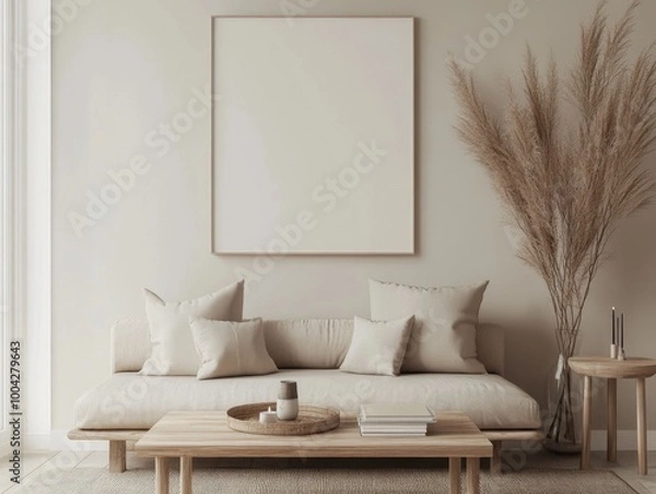 Fototapeta A white couch with pillows and a white framed picture on the wall