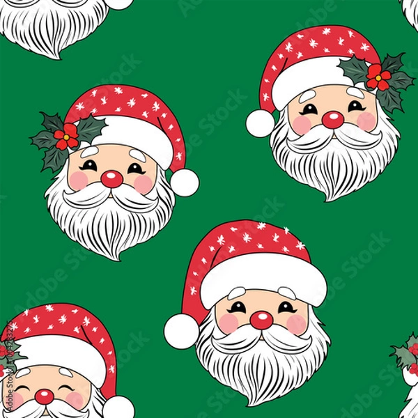 Fototapeta Santa Claus with snow and white ground, polka dot, vintage style pattern. Cute seamless Christmas holidays cartoon character background. Separate elements.