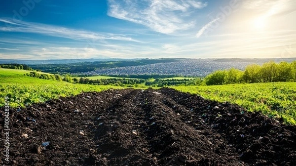 Fototapeta Vast green field with furrows under a clear blue sky and bright sun.