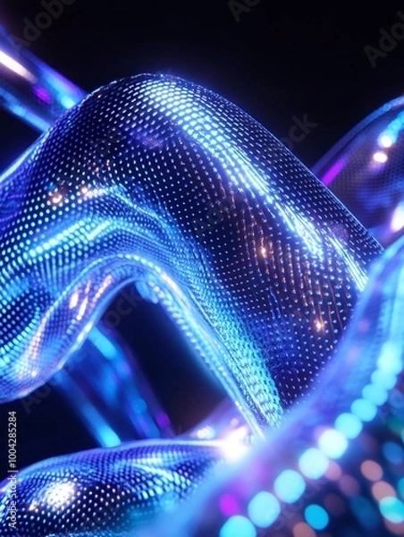 Fototapeta Abstract glowing wave of blue neon light with a smooth, flowing surface on a dark background. A minimalist poster in metallic and chrome gradient style.