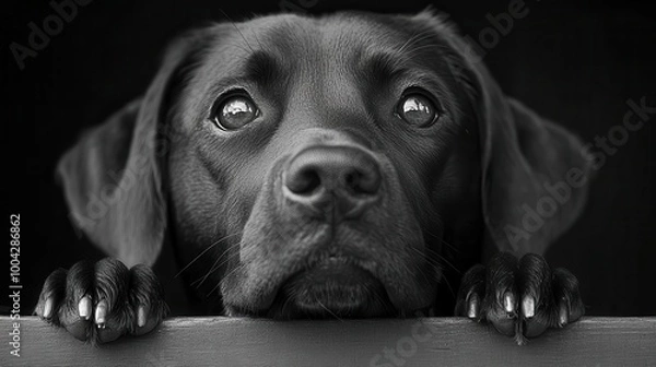 Fototapeta portrait of a german shorthaired pointer finely detailed in stark black and white capturing the dogs intelligent expression and sleek body the background softly blurred